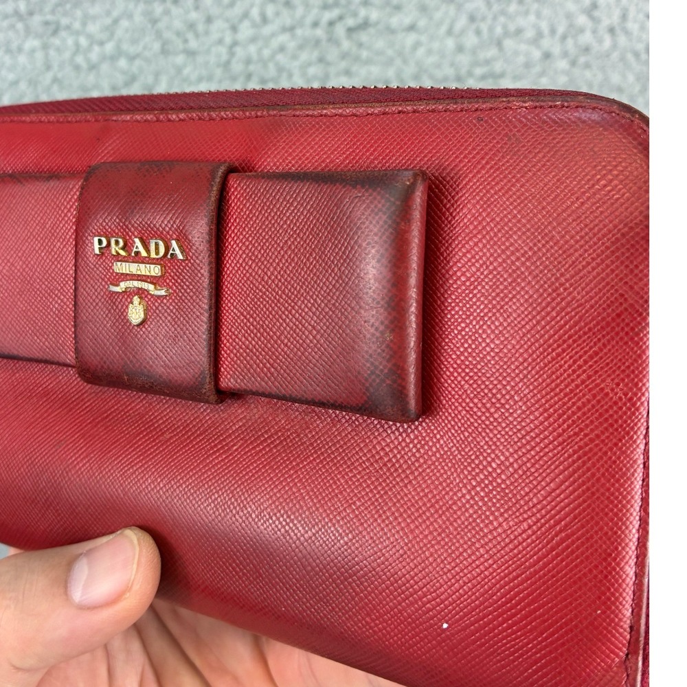 Prada Wallet Saffiano Bow Zip Around Womens OS Red Luxury Designer Leather READ - Picture 12 of 15